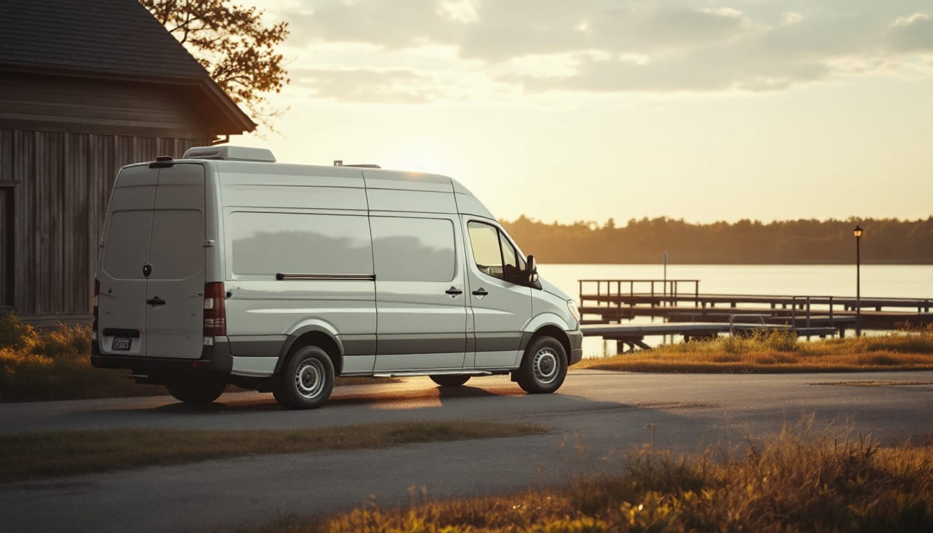 Mobile locksmith van parked near a Lake Granbury boat ramp on a summer evening with the lake visible