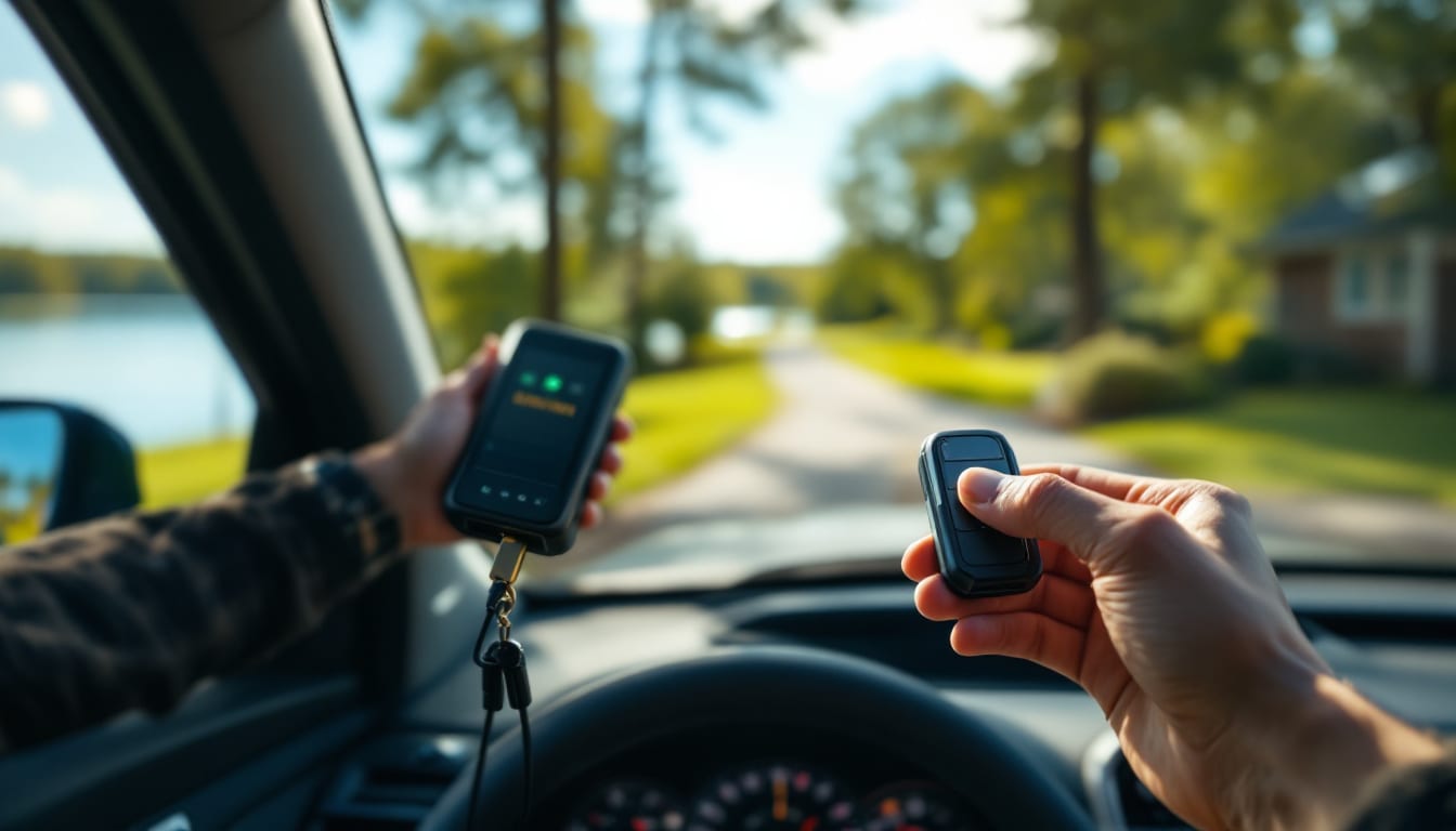 Mobile locksmith programming a proximity smart key fob for a late-model vehicle in a Granbury driveway